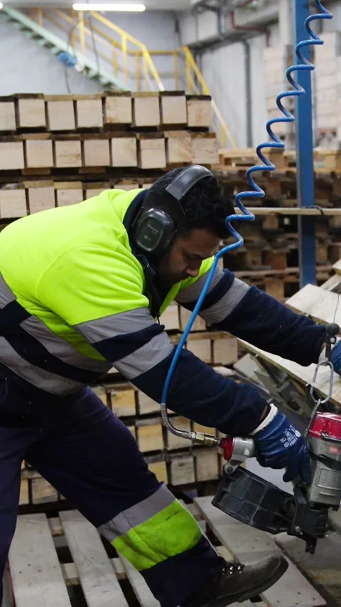 Carpenter assembling wooden pallets in slow motion Stock Footage 313924387