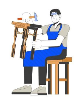 Carpenter assembling wooden stool 2D vector illustration Stockillustratie