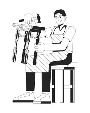 Carpenter assembling wooden stool outline illustration Stock Illustration