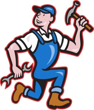 Carpenter builder hammer running cartoon Stock Illustration