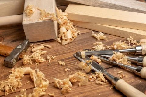 Carpenter cabinet maker hand tools on the workbench Stock Photos