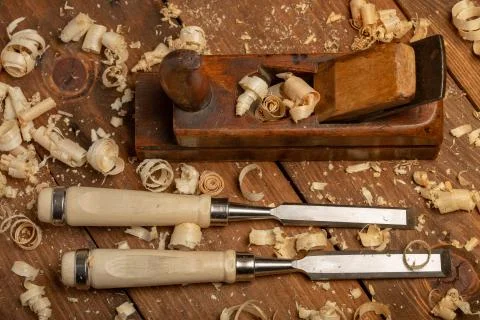 Carpenter cabinet maker hand tools on the workbench Stock Photos