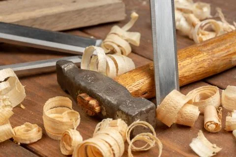 Carpenter cabinet maker hand tools on the workbench Stock Photos