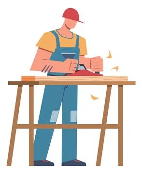 Carpenter cartoon flat style. Builder in helmet working with tools, professional Stock Illustration