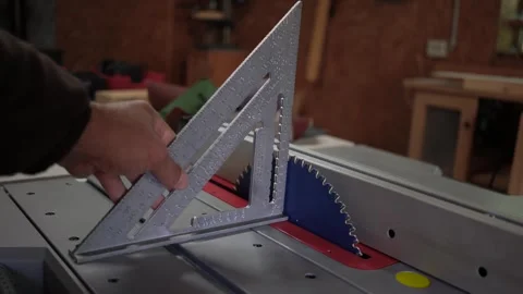Carpenter checking the right angle of the saw blade with a Swanson speed square. Stock Footage 315519564