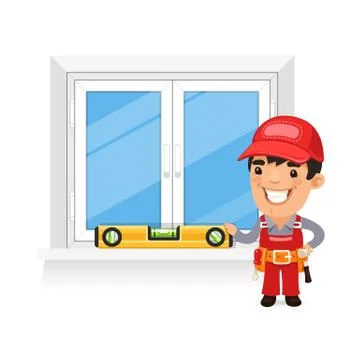 Carpenter Checks the New Window Stock Illustration