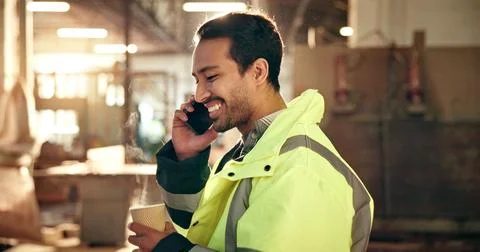 Carpenter, coffee and man in workshop for phone call, production update and Stock Photos