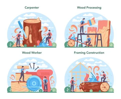 Carpenter concept set. Woodworker processing wood-block. Builder working Stock Illustration