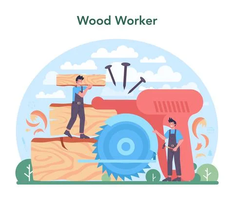 Carpenter concept. Woodworker processing wood-block. Builder working Stock Illustration