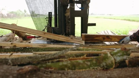 Carpenter cutting a log with a band saw at an rural sawmill, vietnam Video stock 336996232