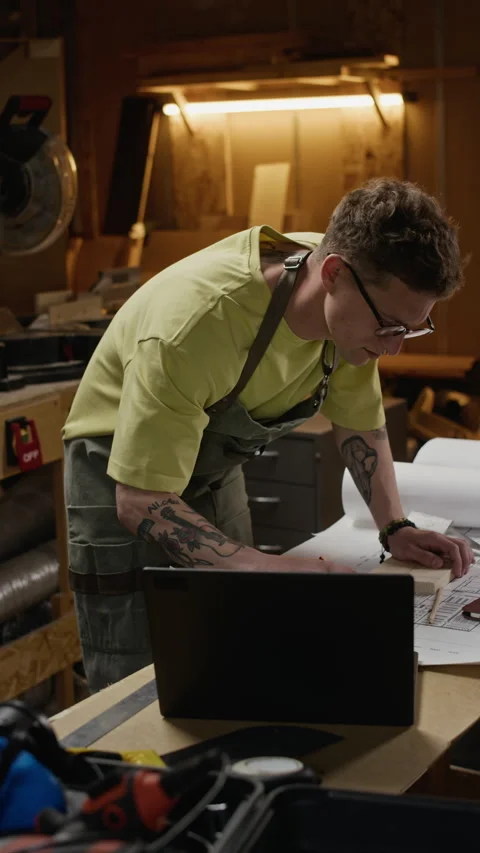 Carpenter Drawing on Blueprints and Planning Project in Workshop Stock Footage 340402358