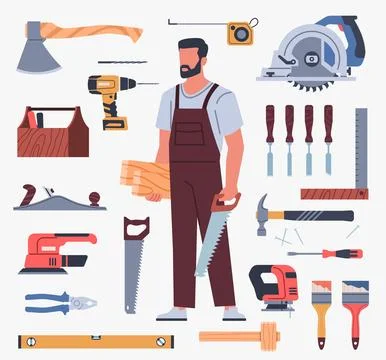 Carpenter elements. Flat cartoon repairman character with professional tools Stockillustratie