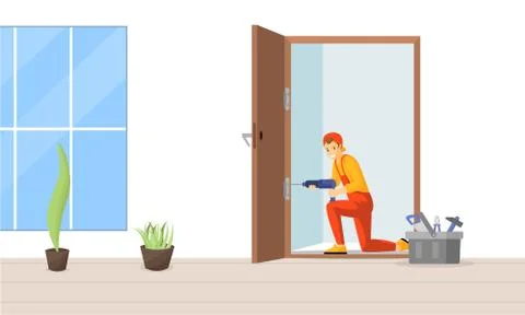 Carpenter fixing door flat vector illustration. Professional repairman fitting Stock Illustration
