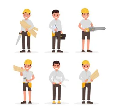 Carpenter, foreman, engineer, joiner and woodworker elements collection with 스톡 일러스트