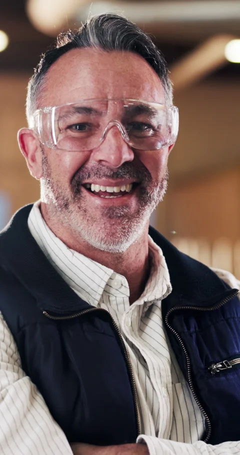 Carpenter, glasses and face of man in warehouse for woodworking, factory manager Stock Footage 340758798