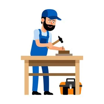 Carpenter hammers a nail on workbench Stock Illustration