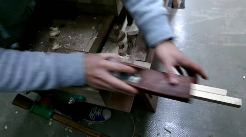 Carpenter hand plane wood in the workshop Stock Footage 46835790