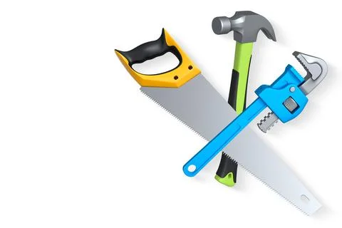 Carpenter hand tools like saw, hammer, and wrench isolated on white background Stock Illustration