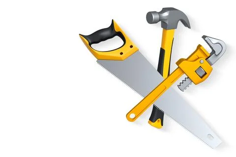 Carpenter hand tools like saw, hammer, and wrench isolated on white background Stock Illustration