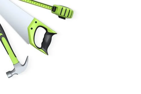 Carpenter hand tools like saw, hammer, and measuring tape isolated on white.. Ilustración de archivo