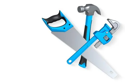 Carpenter hand tools like saw, hammer, and wrench isolated on white backgro.. Ilustración de archivo