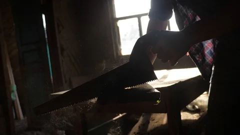 Carpenter handmade and craft concept slow motion video. carpenter sawing a tree Stock Footage 115979402