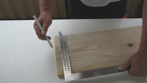 Carpenter hands drawing line under ruler from edge of wooden board.pencil,square Stock Footage 157646477