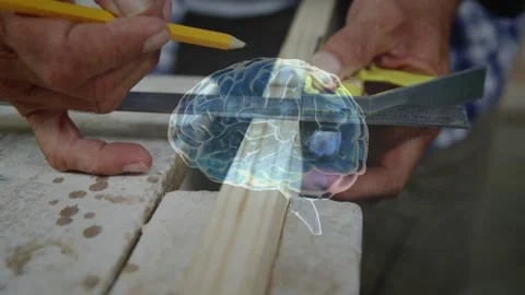 Carpenter hands moving to trim squaring with yellow pencil marking line as brain Stock Footage 335651779