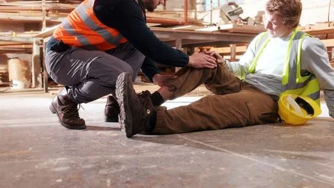 Carpenter, help and man with leg injury in factory, safety failure and hurt.. Stock Photos