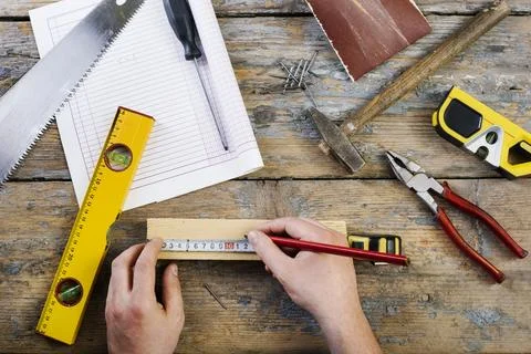 Carpenter with his tools Fotos de archivo