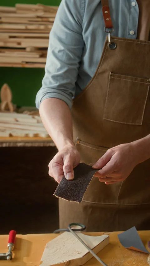 Carpenter Holding Piece of Abrasive Paper Introducing Kids to Woodworking Tools Stock Footage 334416639
