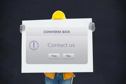 Carpenter holding placard with computer screen showing contact us message Stock Photos