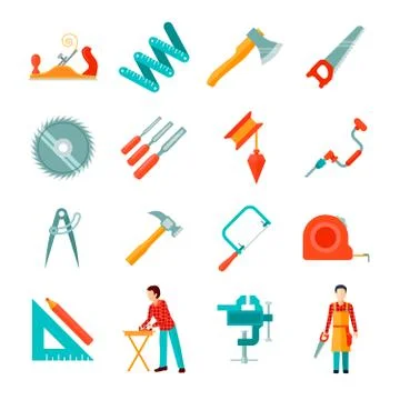 Carpenter Icon Flat Set Stock Illustration