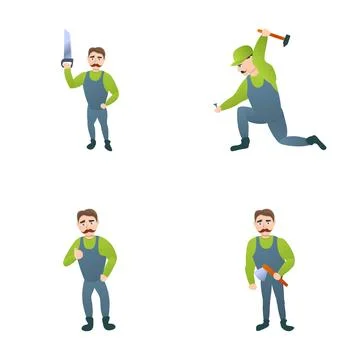 Carpenter icons set cartoon vector. Man worker with repair tool Stock Illustration