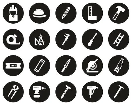 Carpenter Icons White On Black Flat Design Circle Set Big Stock Illustration