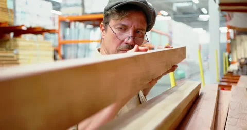 Carpenter Inspecting Wood Planks in Workshop Видео 323789742