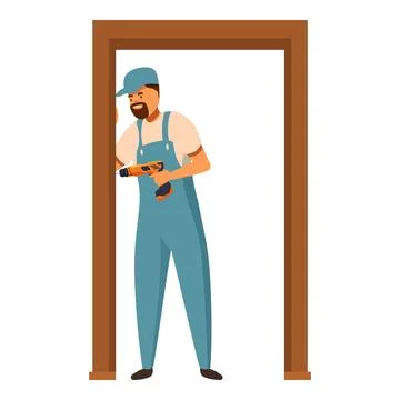 Carpenter installing door frame using cordless drill, home renovation project イラスト素材