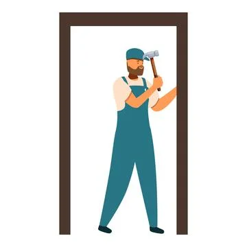 Carpenter installing door frame using hammer, home repair and improvement Stock Illustration