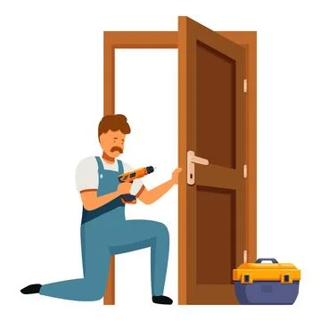 Carpenter installing door handle with cordless drill in wooden door frame Stock Illustration