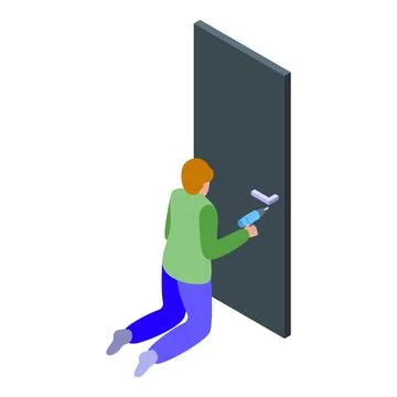 Carpenter installing door handle with electric drill isometric view Illustration