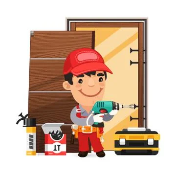 Carpenter Installs the Door Stock Illustration