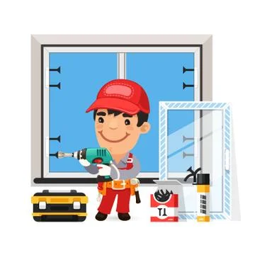 Carpenter Installs the New Window Illustrazione stock