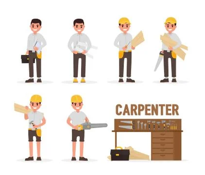 Carpenter, joiner, foreman, engineer and woodworker elements collection with Illustrazione stock
