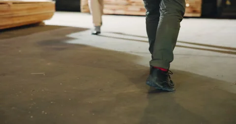 Carpenter, legs and worker walk in warehouse for production inspection, stock Stock Footage 341389459