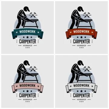 Carpenter logo design. Vector artwork of carpentry or woodwork workshop. Illu Illustrazione stock