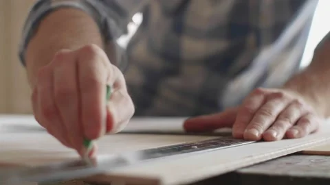Carpenter makes pencil markings on the blank with the help of a ruler Video stock 153493586