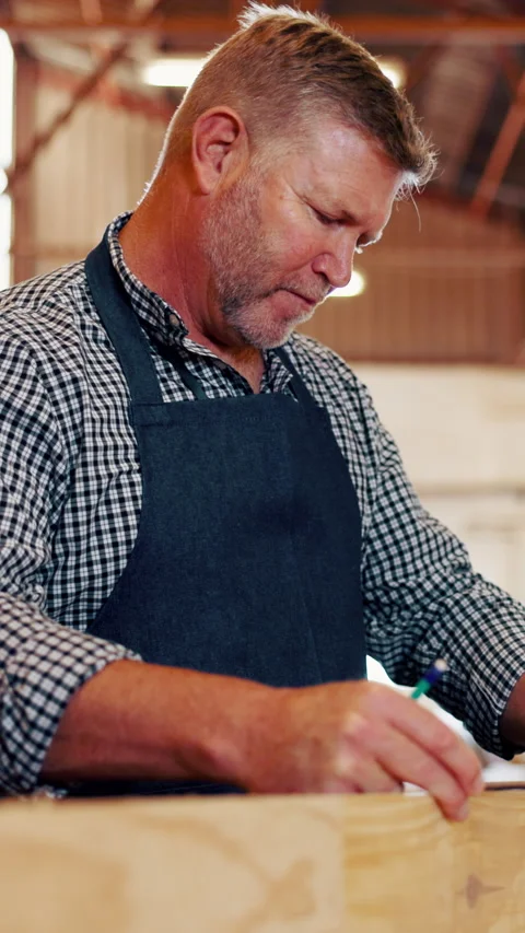 Carpenter, man and measurement in workshop with wood, writing and ruler for Stock Footage 340383658