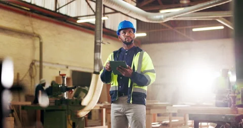 Carpenter, man and thinking in workshop with tablet, woodwork production or Stock Footage 340001835