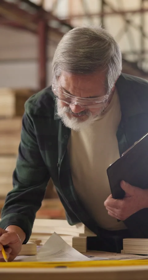 Carpenter, man and writing on document in workshop for development guide Stock Footage 340958224