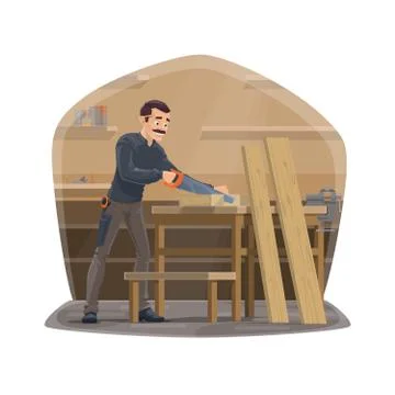 Carpenter man at work, carpentry woodwork tools Stock Illustration